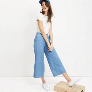 Madewel Blue Chambray Denim Wide Leg Crop Pull On Pants
